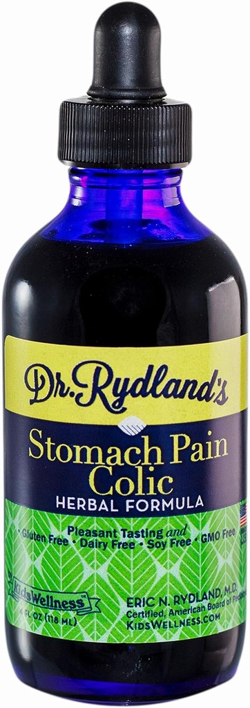 Suplemen Herbal Rydland; 124; Dibuat oleh KidsWellness 124; Great for Infants to Dewasa 124; Stolach & Kolic 124; Relieves Indibubble, Stomach Pain, Gas, Bloating and Colic Sympitics 124; 4 Ounce Bottle