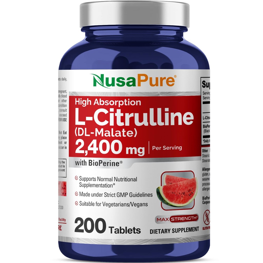 NusaPure L-Citrulline 2.400mg 200 tablet Vegetarian (Non- GMO, Gluten Free, 100-Day Supply, Bioperine)