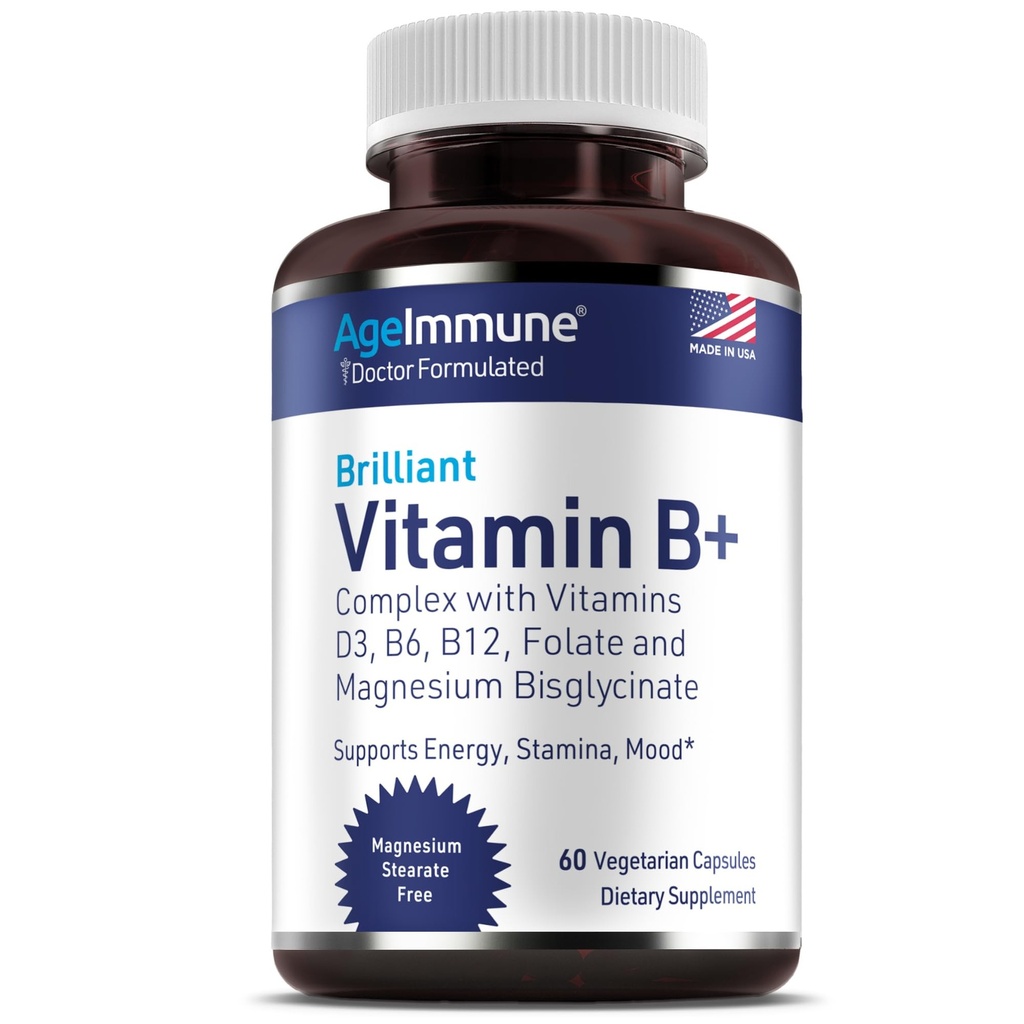AgeImune Vitamin B Kompleks dengan Vitamin D3 B12 B6 Magnesium Bisglycinate dan Folate sebagai Methylfolat - Dokter Formulated Metholate B Supplemen - 60 Capsules - Tanpa Niasin