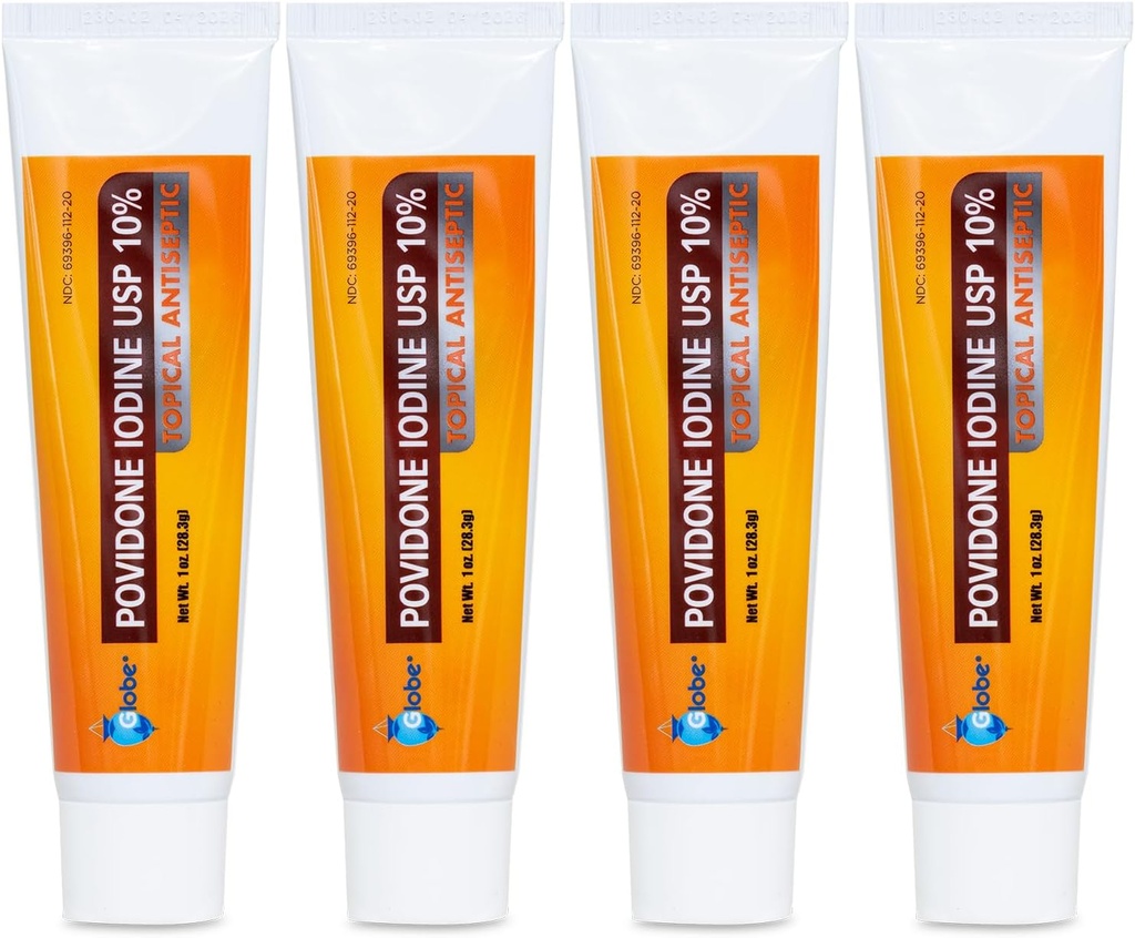 Globe (4 Pack) Povidone Iodin 10% Bantuan Pertama Overse 1 Oz, untuk Cuts Scrapes Burns (Compare to Betadine)