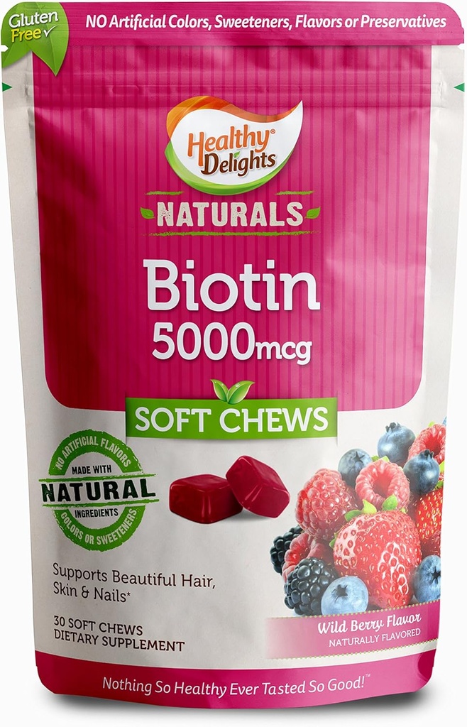 Healthy Delights Delicals, Biotin Soft Chews, Supports Lustrous Hair, Glowing Skin & Strong Nails, Delicious Wild Berry Flavor, 30 Count