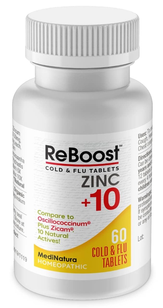 Medistica ReBoost Zinc + 10 MAX Cold & Flu Symptom Relief Faint-Acting, Non-Drowsy Natural Soother Homeopathic Membantuku Ketidaknyamanan Seluruh Tubuh, Batuk, Fatigue, Konsultan - Lemon 60 tablet