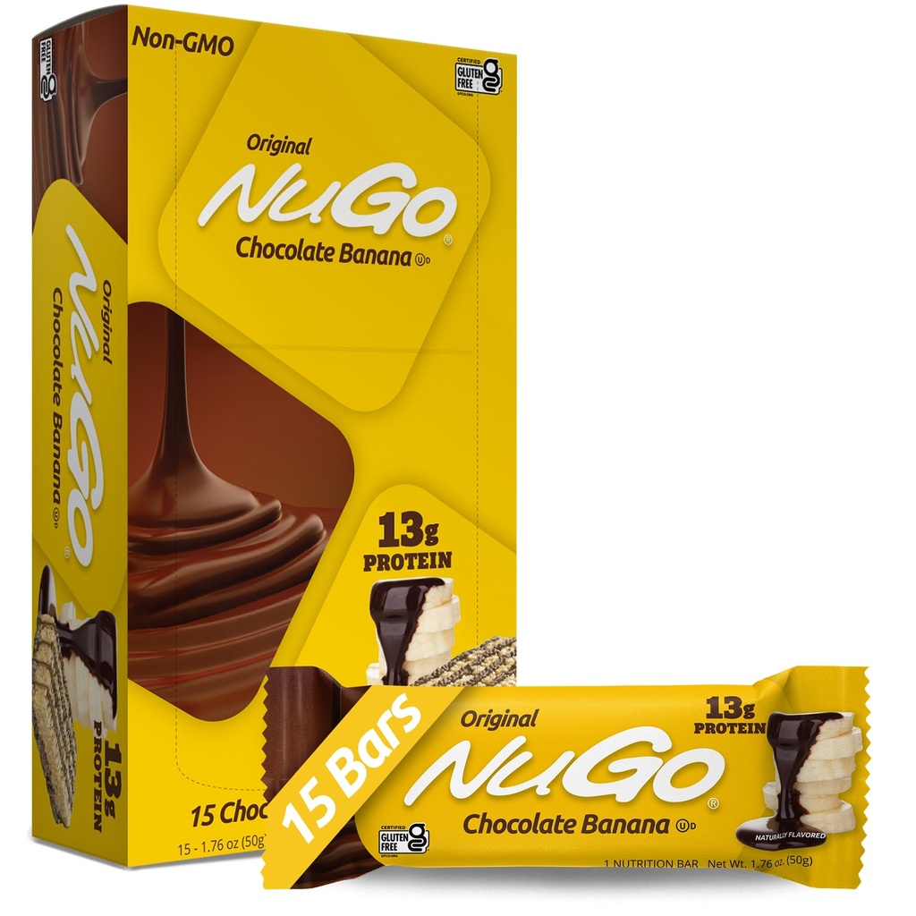 Bar NuGo Protein, Coklat Pisang, Protein 13g, Gluten Bebas, 15 Cacah