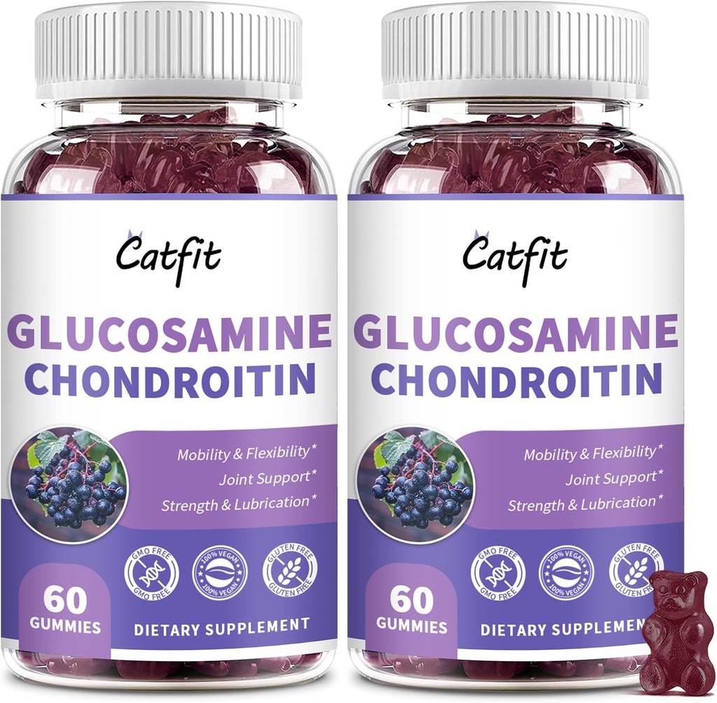 Catfit Glucosamin Chondroitin Gummies, Ekstra Kekuatan Dukungan Kesehatan Gabungan dengan MSM & Elderberry, Suplemen Dukungan Ammune Antioksidant untuk Pria & Perempuan (2 Pack)