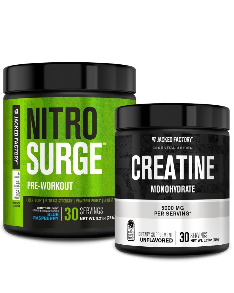 Jacked Factory NITROSURGE Pre Workout Suplemen (Blue Raspberry) Creatine Monohydrate Powder 150g untuk Pertumbuhan Muscle, Peningkatan Kekuatan, Energi Enhanced Energi