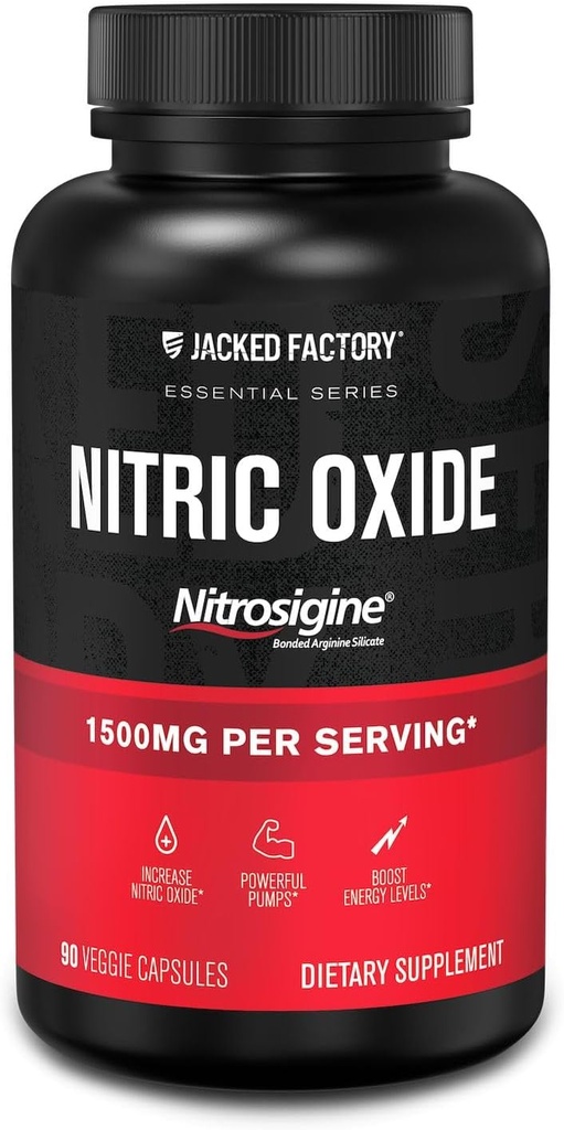 Jacked Factory Essentials Nitric Oxide Booster - Patented Bonded L- Arginine Siblicle 1500mg Pra Workout untuk Perkembangan Muscle, Pumps, Vascularitas dan Energi - 90 Veggie Pil
