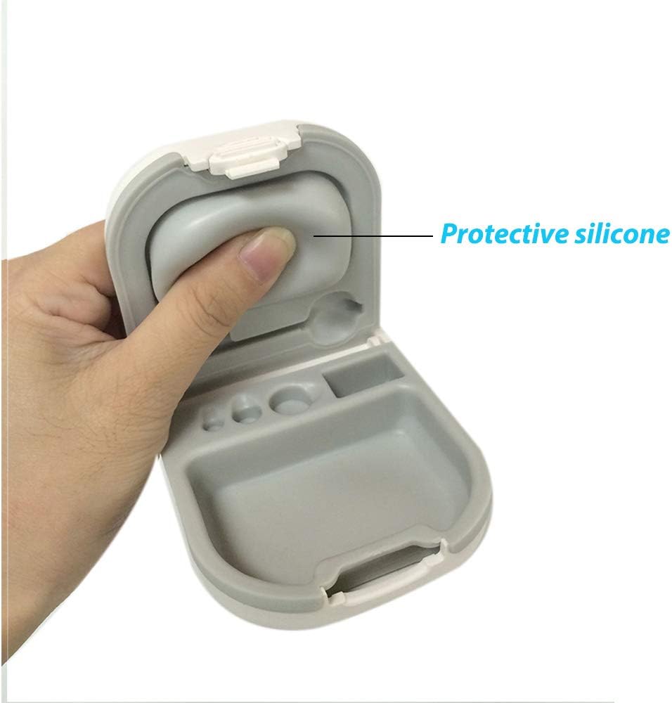 Hearing Aid Case with Battery Storage Slot Hard Small 0.59 "* 2.44" * * 1.57, "Silicone Cushion, for ITE, BTE Hearing Aids (White)
