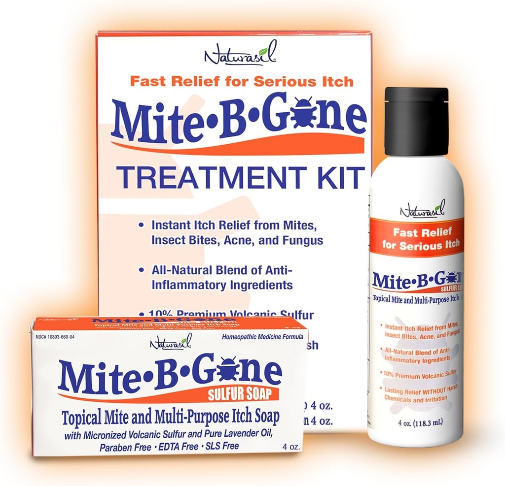 Lotion Treatment Mite & Soap by Mite - B-Gone Aff14; Natural Relief for Acne, Bug Bites, Skin Redness & Itching, Discomfora & Romacea 124; Safe for Kids and Adutures Alagly 124; Treatment Kit