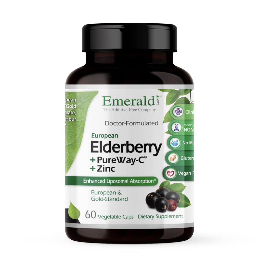 EMERALD LABS Elderberry Plus - Digeptical & Imune Dukungan dengan Ekstrak Elderberry Eropa, Vitamin C sebagai PureWay-C & Albion Cherid Zinc - Vegan & Gluten- Free - 60 Vegetable Capsules (30- Day Supply)