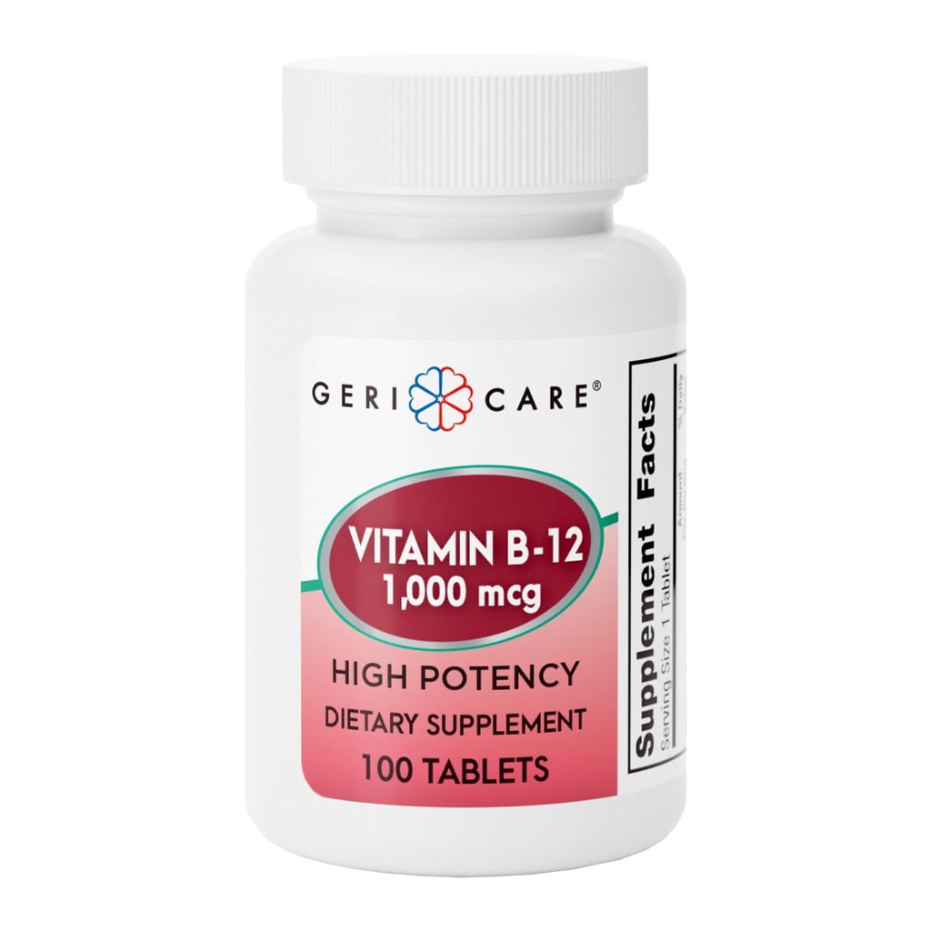 GeriCare Vitamin B-12 100mcg Tabletnya Tinggi, Premium Dietary Suplement for Boosting Energy, Pendukung Kesehatan Otak, dan Mempertahankan Sistem Saraf 100 Count (Paket 1)