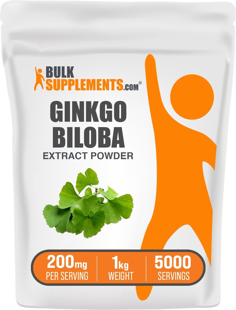 BulkSupplements.com Ginkgo Biloba Extract Powder - dari Ginkgo Biloba Leaf, Antioksidant Source, Herbal Suplemen - Bebas Gluten, 200mg per Serving, 1kg (2.2 lbs) (Paket 1)