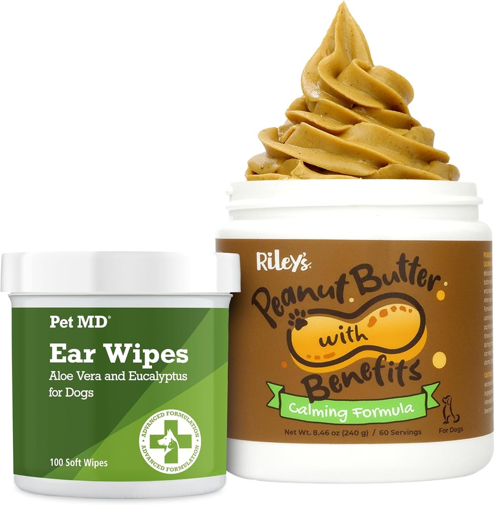 Pet MD Dog Ear Cleaner Wipes + Riley 's Calming Peanut Butter for Dogs