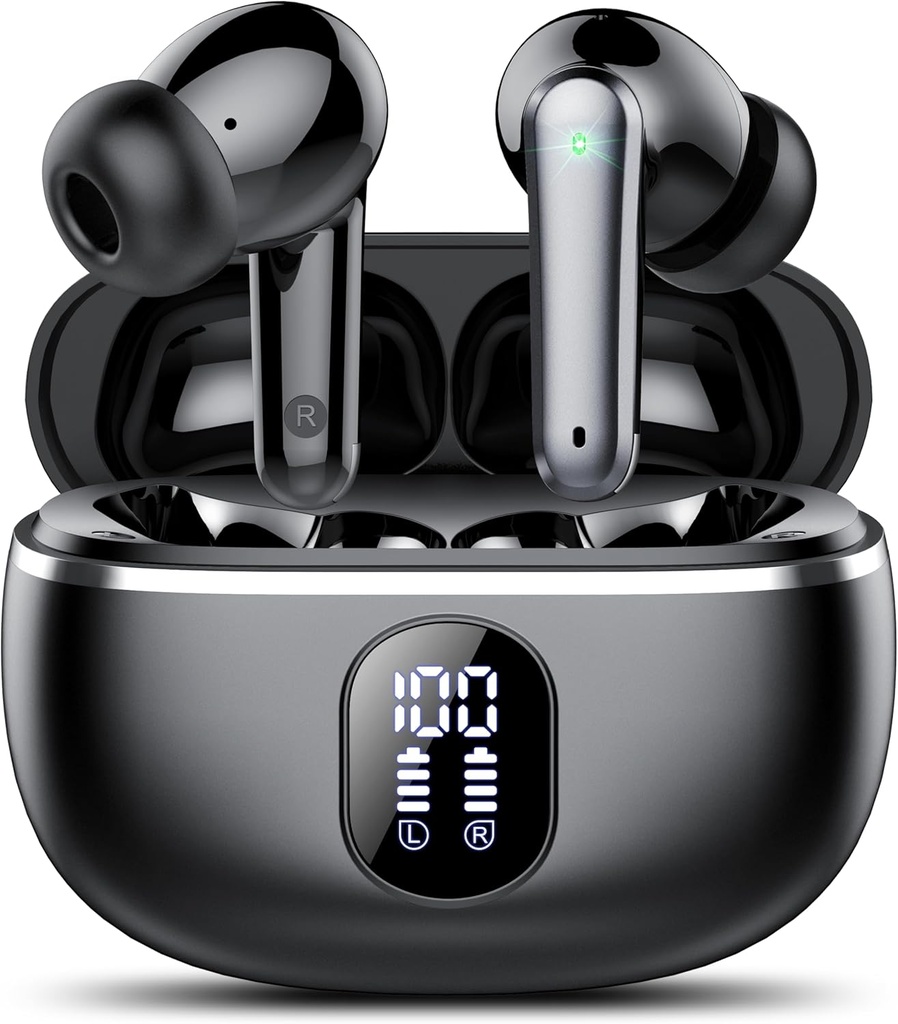 Earbuds nirkabel, Bluetooth 5.3 Headphone Big Bass Stereo, Ear Buds dengan Noise Cancelling Mic LED Tampilan, dalam Earphone IP7 Waterproof, 50H Playtime for Sports, Black