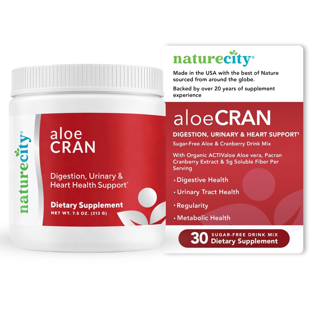 NatureCity AloeCran - Pure Aloe Vera Blend with Cranberry Powder Suplement - Sugar Free Fiber Combo for Digetical and Urinary Health - Gut & Metabolic Health Support - 30 Days of Suppply