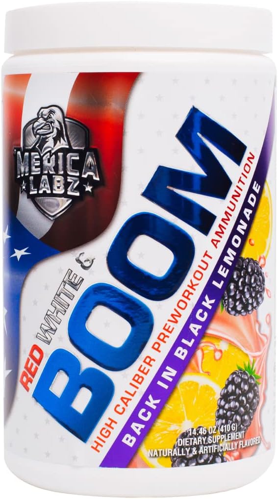 'Merica Labz Red, White, and Boom, High Caliber Pre Workout dengan VasoDrive-AP ®, 350mg Caffeine, Max Energy, Pompa dan Focus, Increated Blood Flow and Muscle Volume, 20 Servings (Kembali di Black Lemonade)