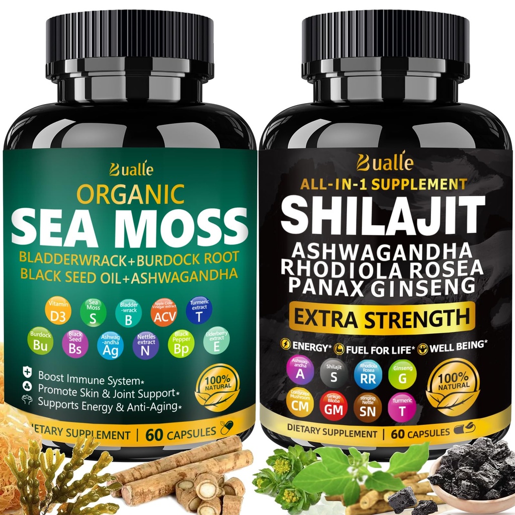 Bualle Sea Moss and Shilajit Bundle - Sea Moss 300mg, Black Seed Oil 100mg, Ashwagandha 50mg, Ginger & Shilajit 300mg, Rhodiola Rocea 100mg, Panax Ginseng 50mg, All in 1 Suplemen -USA Made (2 Pack)