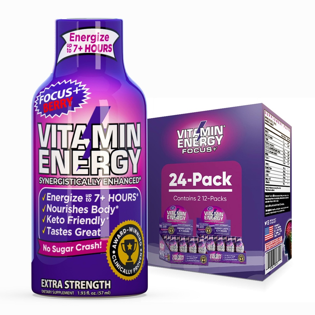 Vitamin Energy Focus + Extra Energy Shot Berry 24 Pack, 260mg Natural Caffeine, B-Vitamin, CoQ10, Amino Acids, Focus, Produtivitas & Kejelasan, Nol Gula, Gluten- Free, 1.93 fl oz