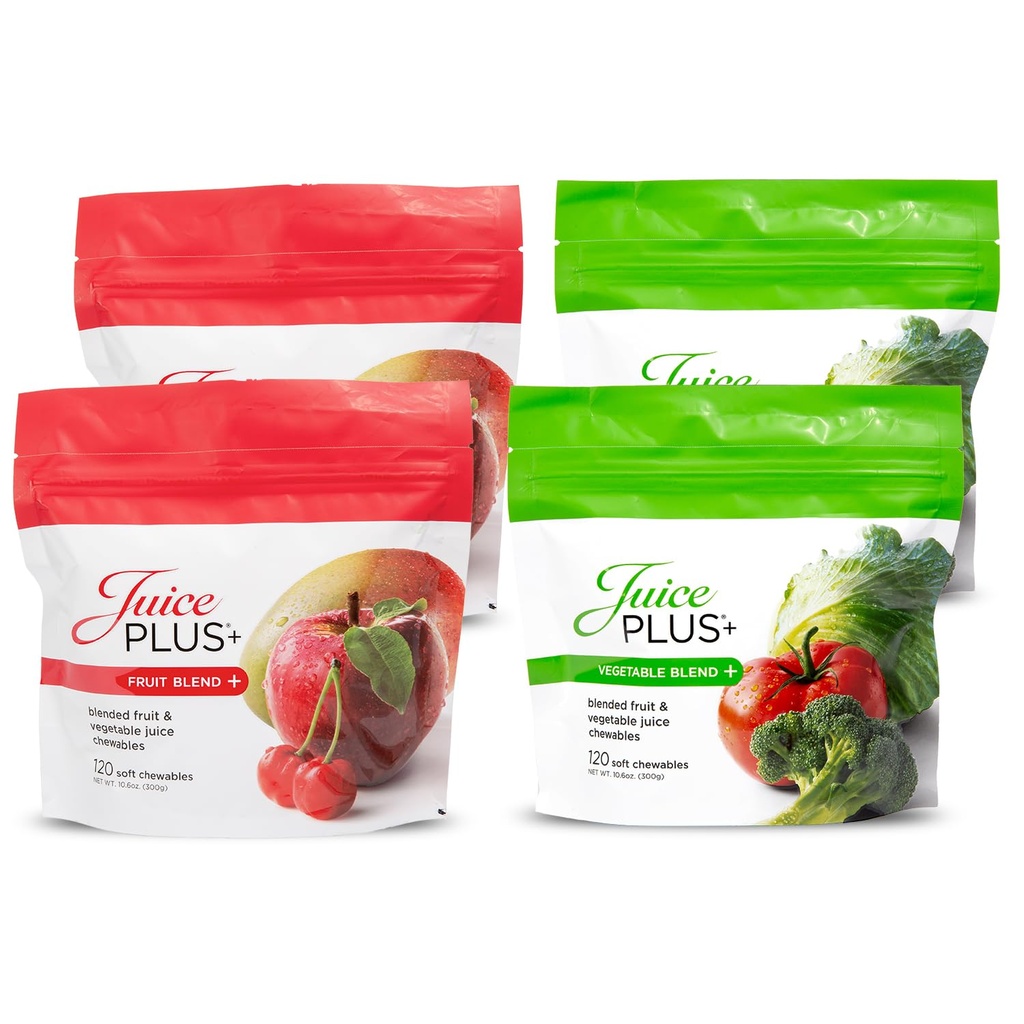 JuicePlus + Fruit & Vegetable Blend Soft Chews - Tasty Vegan Fruit, Veggie Gummy Vitamin for Dewata & Anak-anak - 4 Bulan Suply 4 Paket (2 dari setiap rasa)