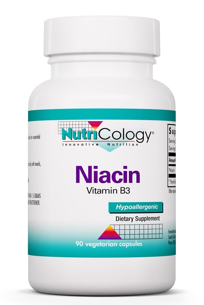 Nutricology Tambahan Niasin - Vitamin B3 untuk Pria & Perempuan, Niasin dengan Flush, Nicotcical Acid, NAD, 250mg Vegetarian Capsules - 90 Count
