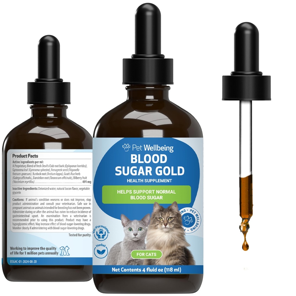 Pet Wellbeing Blood Sugar Cats - Dukungan Gula Darah Holistik, Pankreas & Liver Kesehatan, Gymnema, Fenugreek & Devil 's Club - NASC Certified & Vet- Formulated - 4 oz Liquid