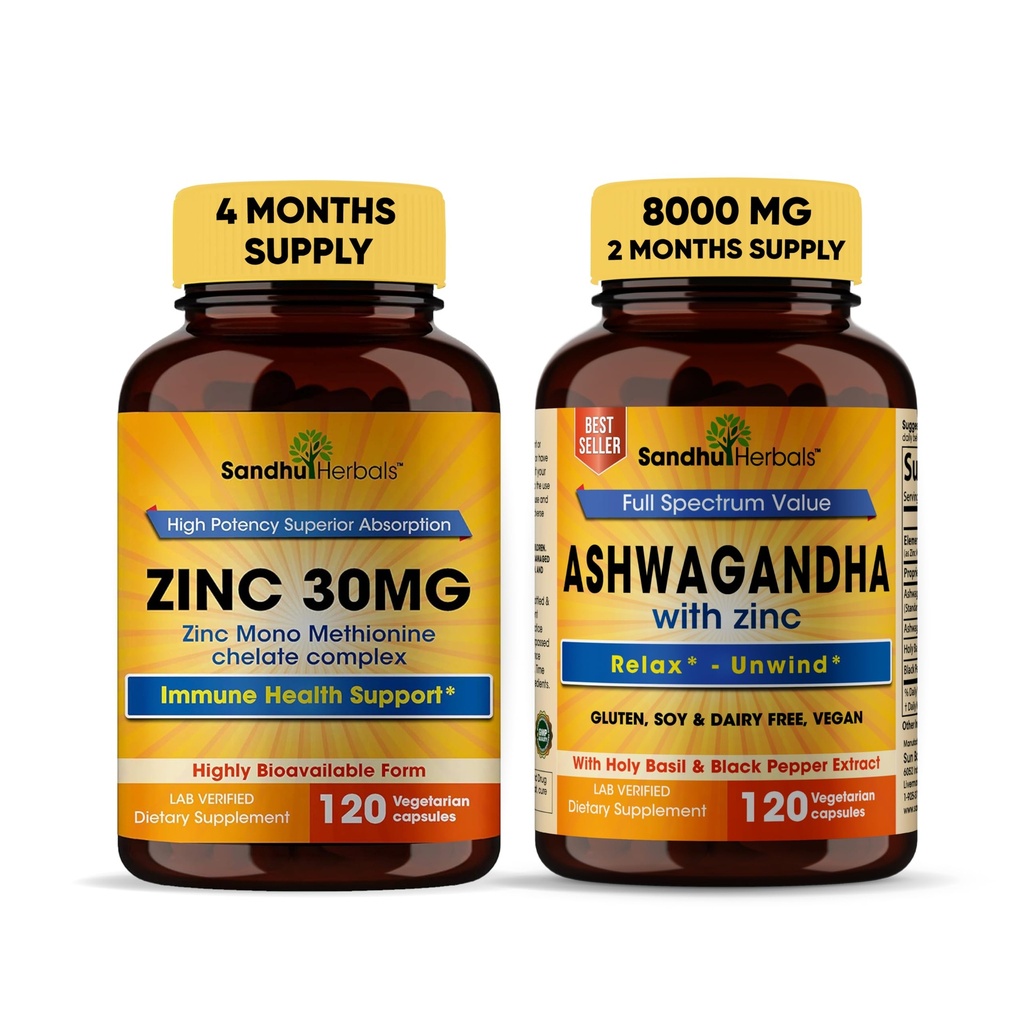 Sandhu Herbals Zinc 30mg Tambahan dan Organik 4 dalam 1 Ashwagandha Capsules dengan Zinc 124; Pasokan Heally Skin, Imune System 124; Non-GMO