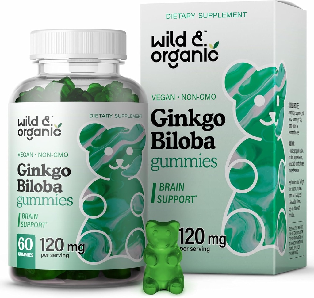 Wild & Organic Gingko Biloba 120 mg Gummies - Dukungan Otak dan Dukungan Fokus w / Ginkgo Biloba Ekstrak - Vegan, Non- GMO - 60 Pectin- Berdasarkan Herbal Chewables