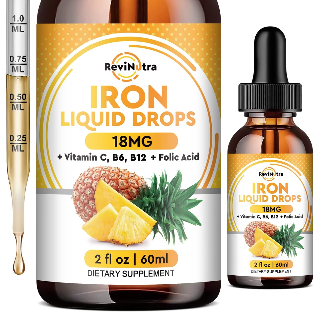 Suplemen Besi Liquid untuk Perempuan, Pria & Anak-Anak, Cair Besi Drops dengan Floid, Vitamin C, B6, B12 untuk Anemia, Red Blood Cell, Dukungan Energi, Pineapple Flavor, 2 Fl Oz