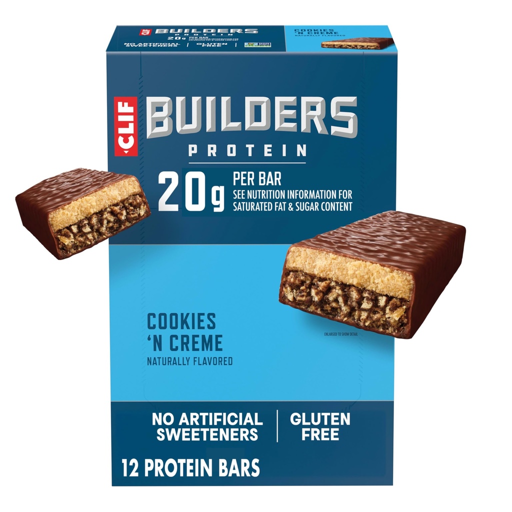 CLIF BUILDERS Protein Bars - Cookies 'n Cream Flavor - 20g Plant Based Protein - Gluten Free - Non-Glycemo - Tidak ada Maneteners Artificial - 2.4 oz. (12 Pack)