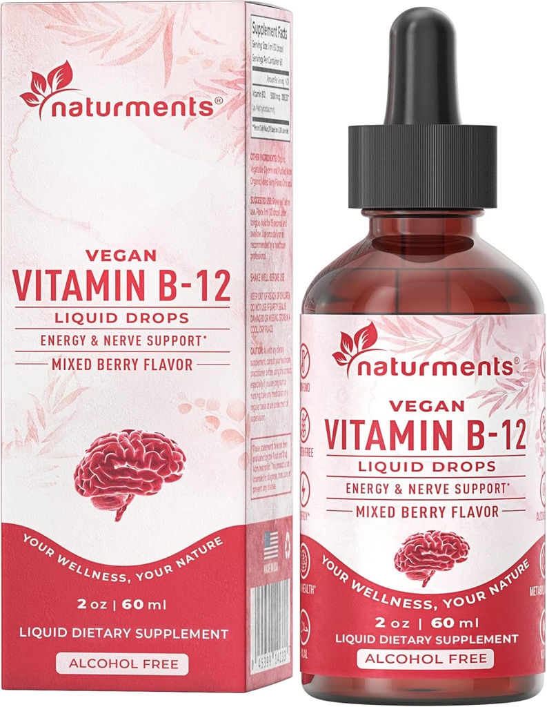 Vitamin B12 5000 mcg Cairan Organik Drops: Energi & Support-Vegan Free, Non- GMO, Sugar Free 2 Fl Oz