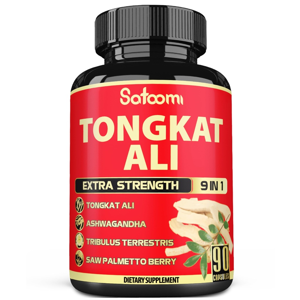 Satoomi 9in1 Tongkat Ali Root Extract - Ashwagandha, Tribulus Terrestris - 90 Capsules untuk 3 Bulan - Dukungan Kekuatan, Energi & Kesehatan Imune