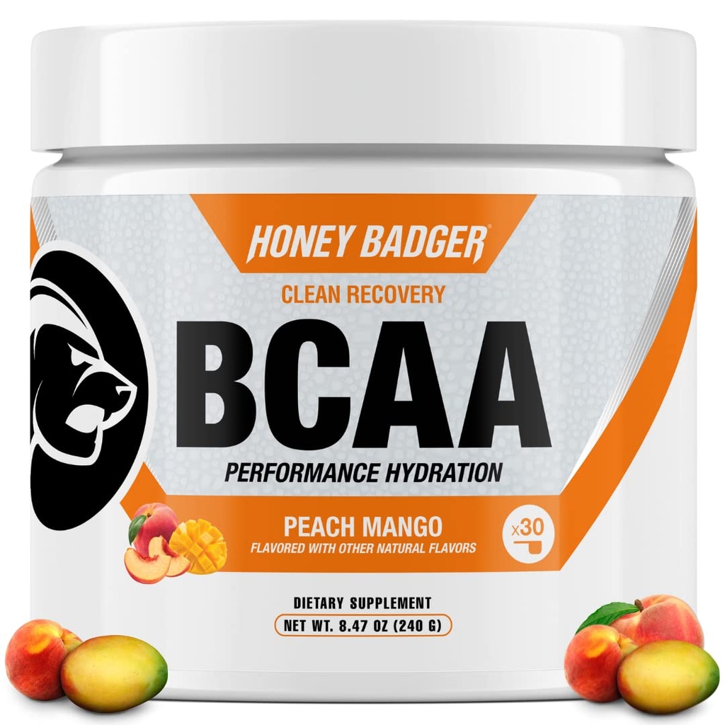Honey Badger BCAA + EAA Amino Acids Powder, BCAAs + L-Glutamine, Keto, Vegan, Sugar Free for Men & Women, Hidration & Post Workout Muscle Recovery Drinder Mix, Peach Mango, 30 Pelayan