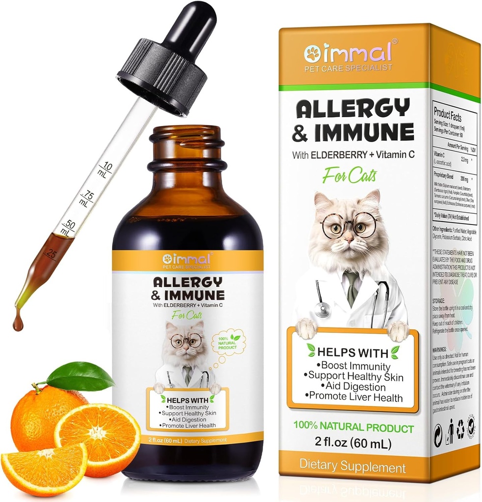 Relief Alergy Drops for Cats, Cat Allergy Ammune Booster Treatment for Seasonal Allergies & Digetical, Healleal Liver & Imune System, Cat Herb Suplemen dengan Vitamin C, Chicken Flavor - 60ml / 2f.oz