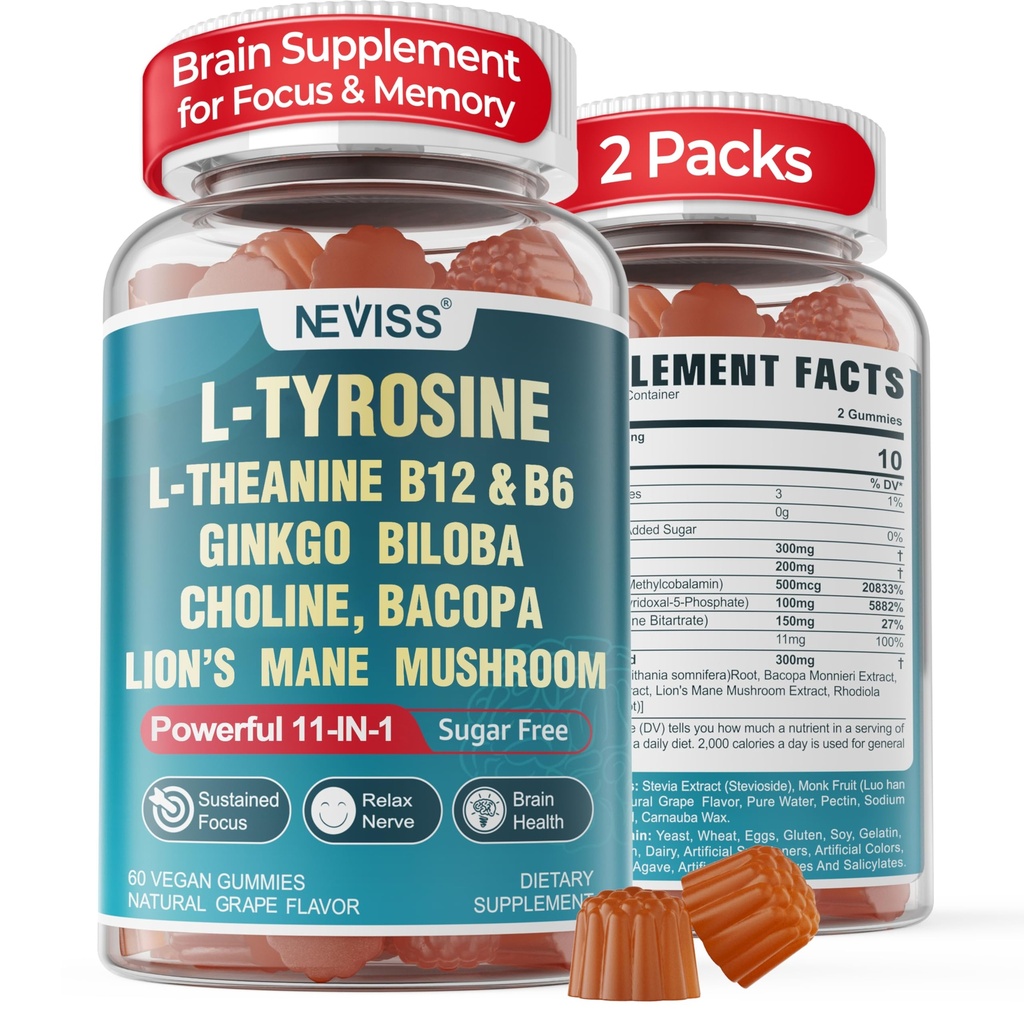 Tambahan 11-1 Otak untuk Memori dan Fokus dengan L-Tyrosine L- Theanine, Methylated B12 & BB6, Singa Mane Mushroom, Ginkgo Biloba, Bacopa Monnieri, Choline for Focus, Nootropic, Energi, 2Packs