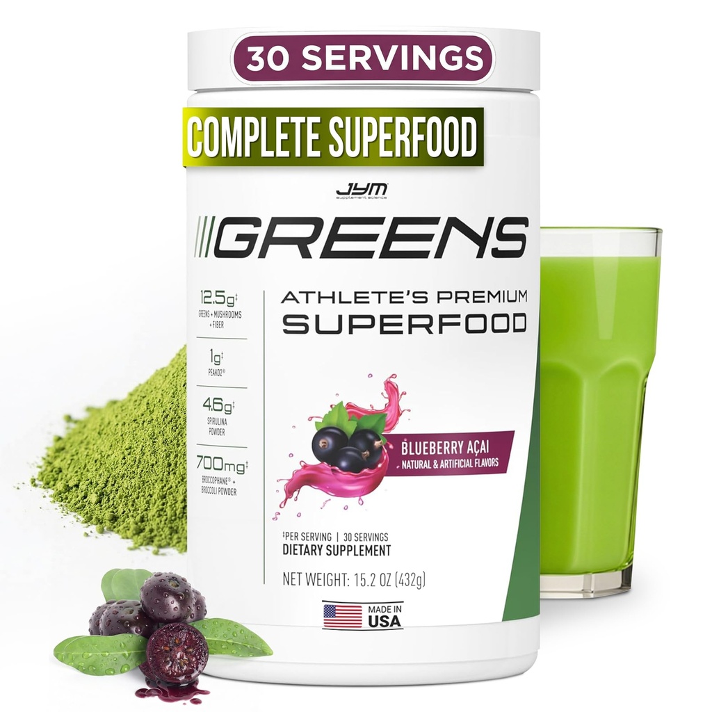 JYM Menyamakan Powder Super Food untuk Performance, Blueberry Acai, Spirulina, Mushroom, Vitamin, BroccoPhanpe & Brokoli, Pria & Perempuan, 30 Servis
