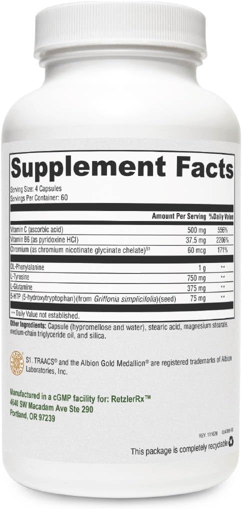 Kontrol Crave oleh RetzlerRx - Dukung untuk Kurb Appetit dan Kromium - Kromium, DL- Phenylalanine, L- Glutamine, Vitamin B6 + 5- HTP untuk Dukungan Mood & Appetite (240 Capsules)