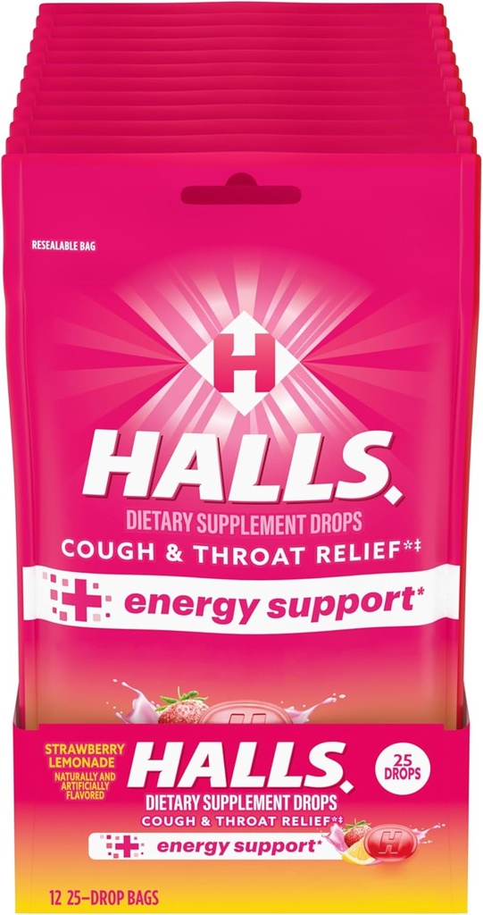 Relief HalLS + Energy Dups, Strawberry Lemonade Coughs, 12 Bags of 25 Drops (300 Total Drops)
