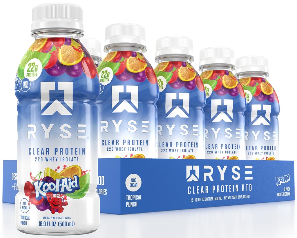 RYSE Clear Protein Drink - Kool- Aid Tropical Punch - 100 Calories, 22g Whey Isolate Protein Shake, Sugar- Free, 0g Fat & Lactoe- Free - Refreshing-To Beverage - 16.9 fl oz Botol (12- Pack)