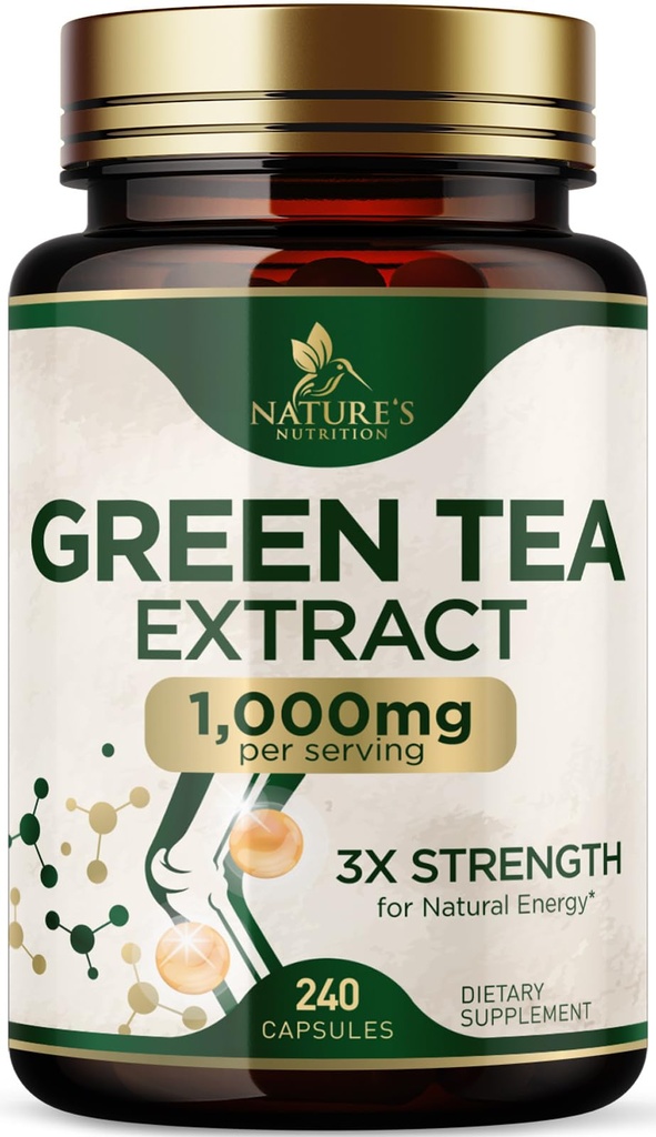 Green Tea Extract Capsules 1000 mg - Standardized 45% EGG & 98% Polyphenols - 3X Tea Green Pills for Natural Energy - Support Heart Health, Herbal Suplemen, Vegan, Non-GMO - 240 Capsules