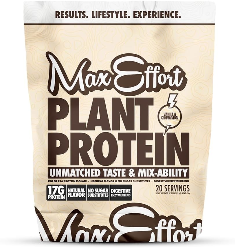 MaX EFFORT Plant Protein Powder, 17 G Pea Protein, Plant Based, Gluten Free, Low Carb, Protein Shake atau Smoothie Mix, Pemindahan Makanan, Tanpa Gula Substhues, Vanilla Cinnamon, 20 Srvg