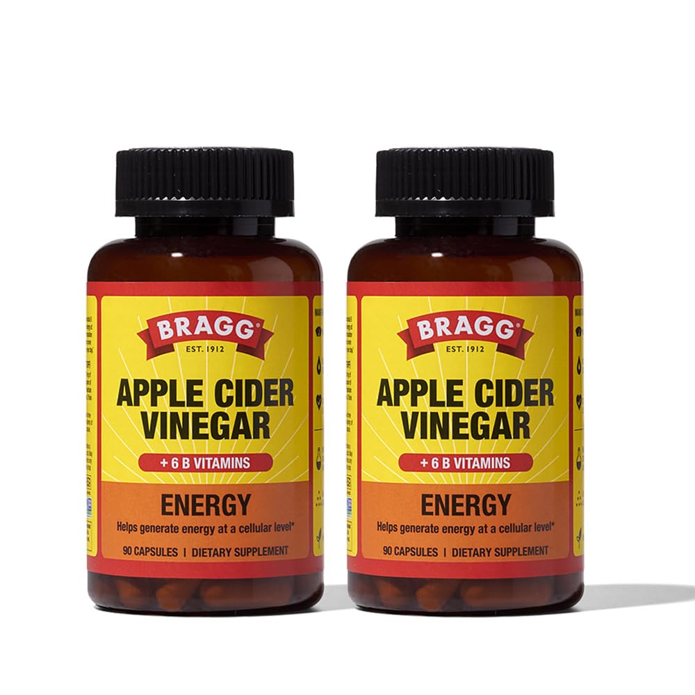 Bragg Energy Apple Cider Venegar Capsules dengan B-12 Vitamin - 90 Capsules (2 Pack) - Wight Management - Non-GMO, Vegan, Gluten Free - Membantu Hasilkan Energi Tingkat Sel untuk Pria dan Perempuan
