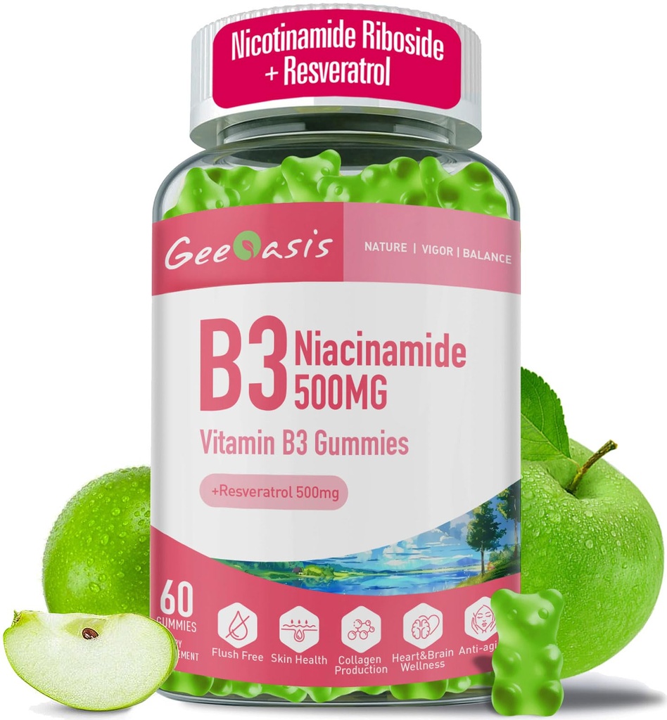 Niacinamide Gummies 500mg, Wisable Vitamin B3 Suplemen dengan Resveratrol 500mg, Potency Tinggi Niacer untuk Antioksidant, Skin & Brain Kesehatan, Imune Dukungan, Gegan Apple Flavor, 60 Count