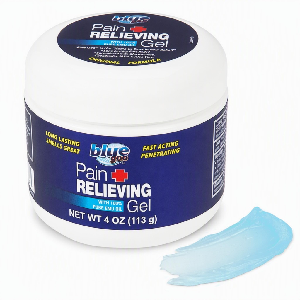 Blue Goo Pain relieving Gel - Relief for Back, Neck, Muscle and Joint Pain, Fast- Acting Cooling and Soothing Relief with 100% Pure Emu Oil, 4 oz (1 Pack)