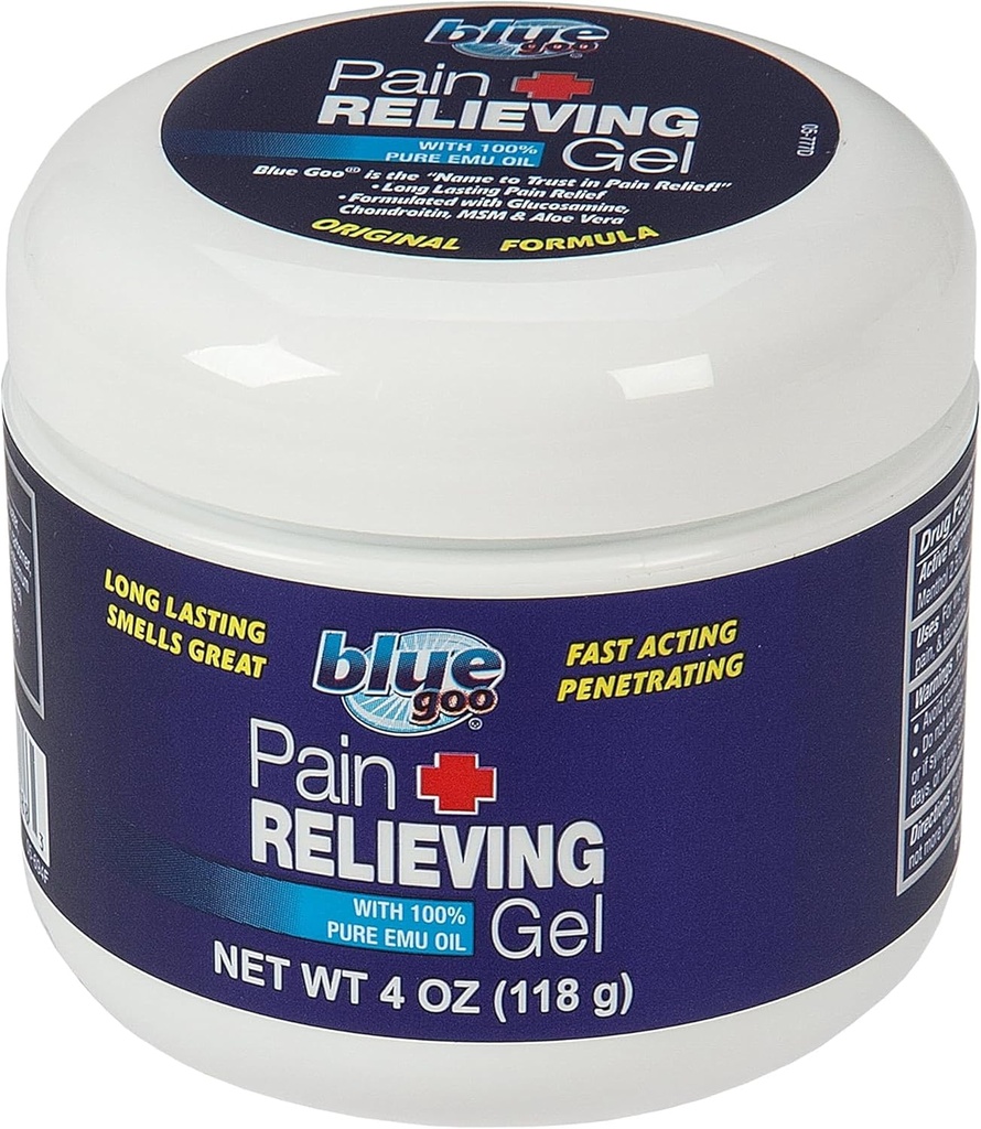 Blue Goo Pain relieving Gel - Relief for Back, Neck, Muscle and Joint Pain, Fast- Acting Cooling and Soothing Relief with 100% Pure Emu Oil, 4 oz (1 Pack)