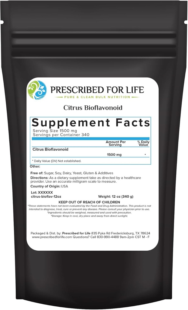 Prescripted For Life Citrus Bioflavonoid Powder, Ourtours Flavonoid Complex for Antioksidant, Circulation, & Ear Health Support (Citrus Limonium, Paradisi, Sinensis) (12oz / 340g)