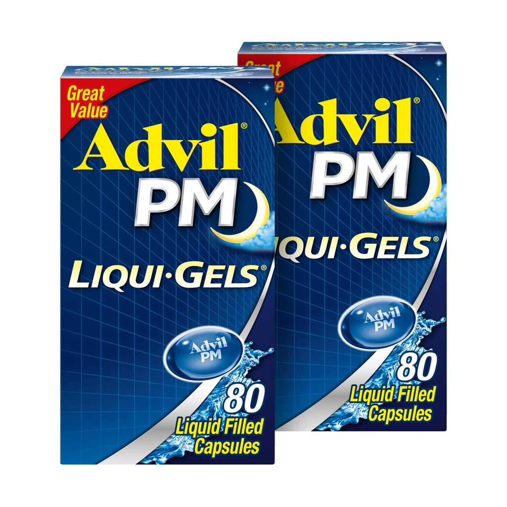 Advil PM Liqui- Gels Pain Reliever and Nighttime Sleep Aid, Suin Medicine with Ibuprofen for Pain Relief and Diphenhydramine HCL for a Sleep Aid - 2x80 Liquid Filed Capsules