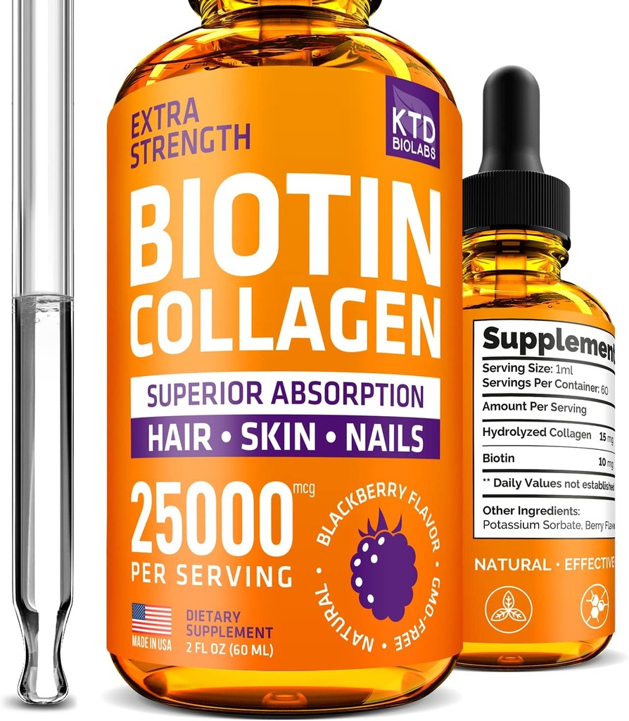 Liquid Collagen and Biotin Drops for Hair Growth 25.000 mcg - Made in USA Collagen & Biotin Vitamin for Hair Skin and Nails - Collagen dan Biotin Suplemen Perempuan dan Pria