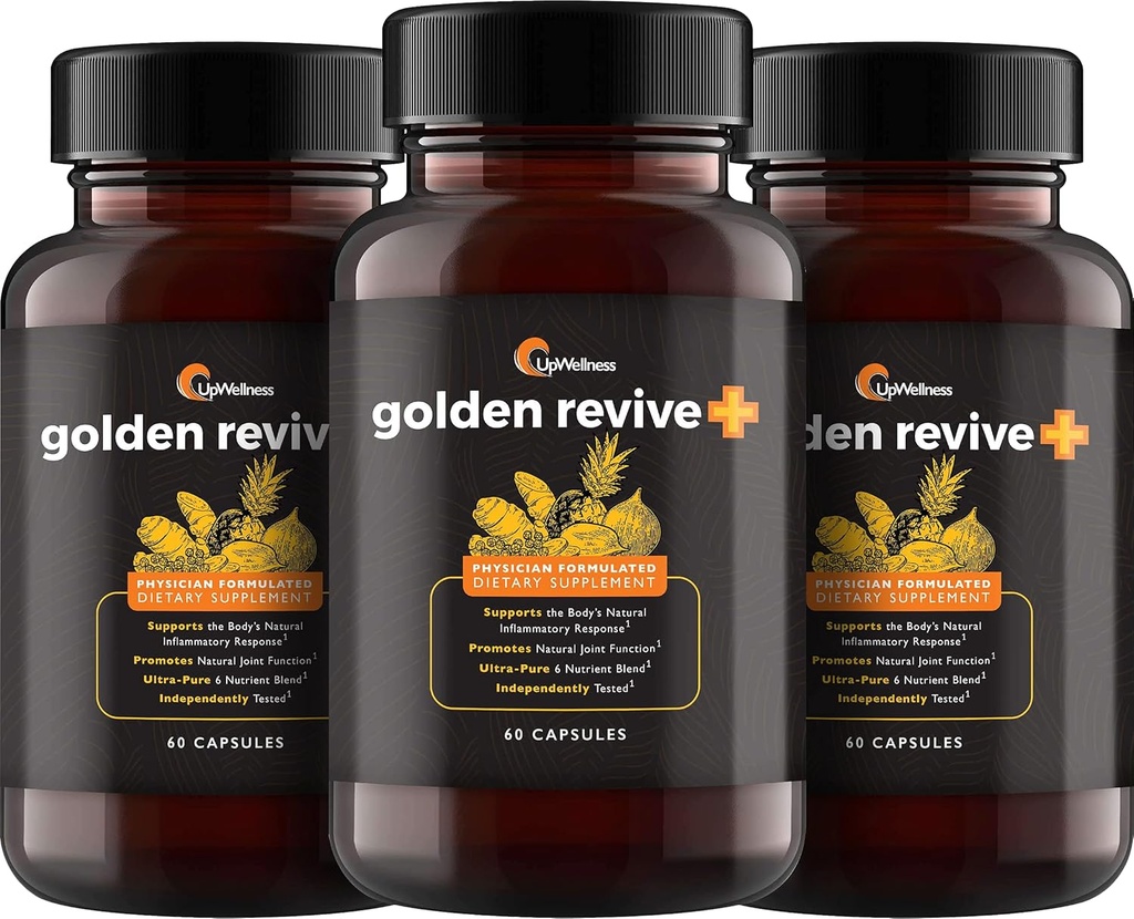 UpWellness Golden Revive + Joint Supplemen Tampilkan Turmeric dengan Black Pepper, Quercetin, dan Magnesium- Turmeric Boswellia Supplemen - 6 Aktif Ingreasi - 60 Capsules, 3 Pack
