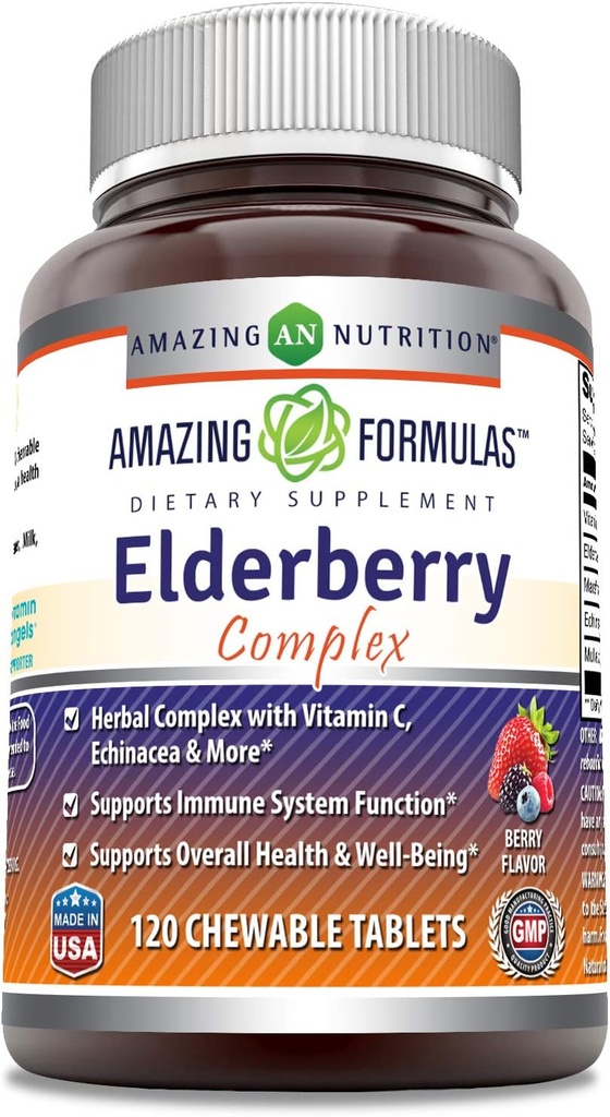Menakjubkan Formula Kompleks Elderberry Tambahan 124; 120 Tablets Chewable 124; Berry Flavor 124; Non- GMO 124; Gluten- Free 124; Dibuat di AS