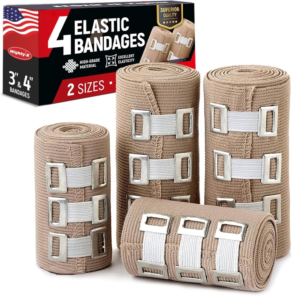 Premium Elastic Bandage Wrap - 4pk (2x3in, 2x4in) + 12 Extra Clip - Strong Compression Bandage Wrists, Ankles, Feet and Klees