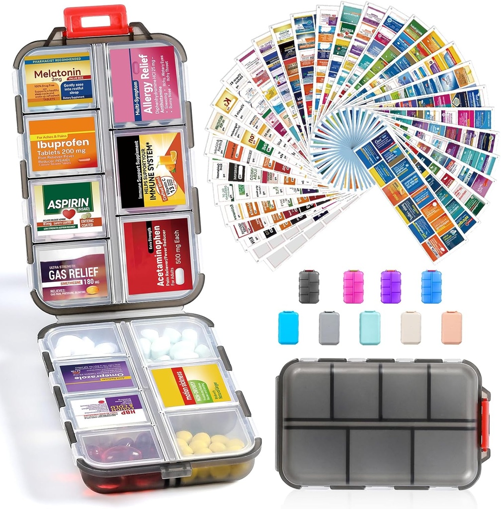14 Grids Travel Pill Organizer Box dengan 415- Pcs Medics Name Label - Pocket Daily Farmacy Case Container Kit - Travel Medication Holder Dispenser for Fish Oil Vitamin Penyimpanan -Clear Grey
